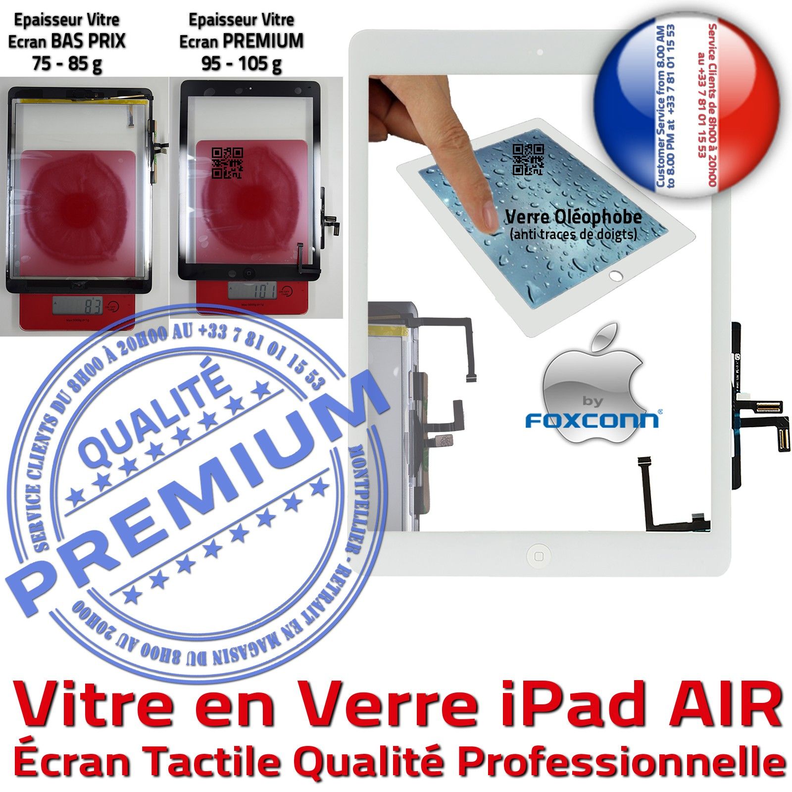 iPad AIR Blanc Vitre Tactile PREMIUM Adhésif Precollé Remplacement Ecran  Qualité Verre Oléophobe Fixation Caméra Bouton HOME A++