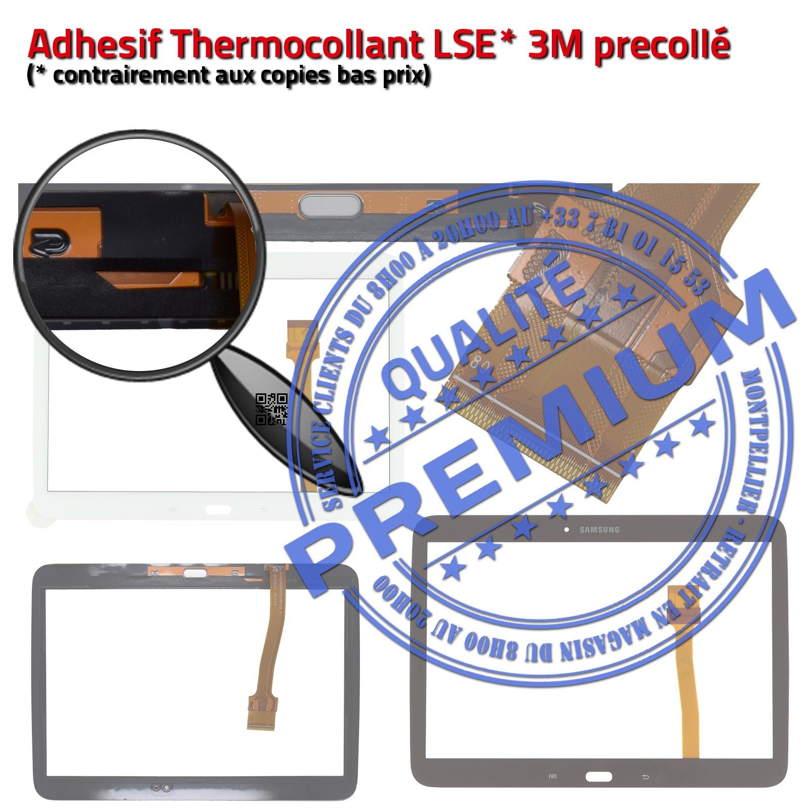 Vitre Tactile SM-T535 TAB 4 Assemblée Adhésif Prémonté Samsung Ecran Noir