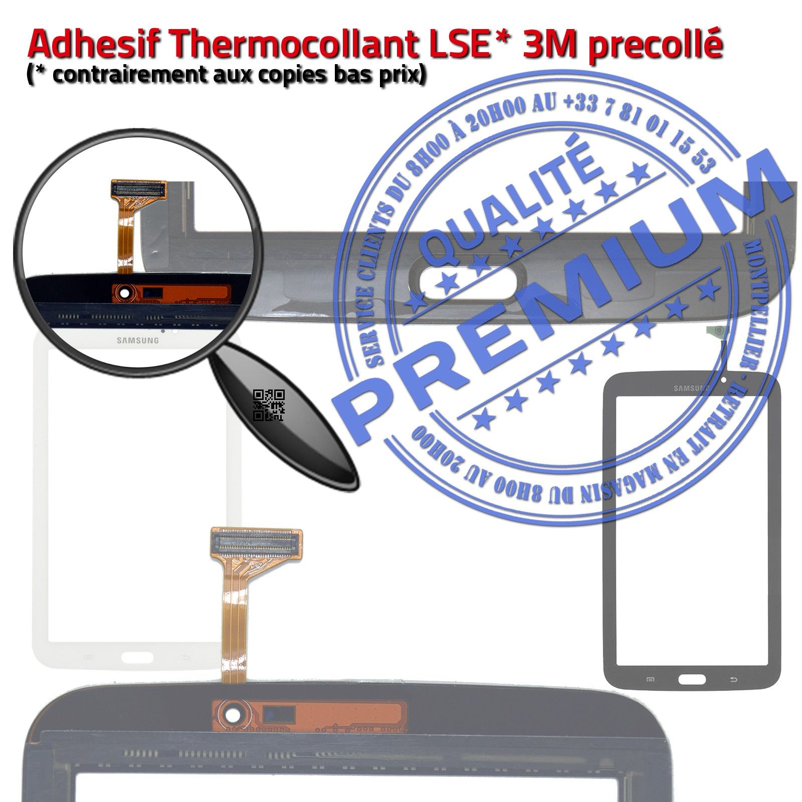 Vitre Tactile SM-T210 TAB 3 Assemblée Adhésif Prémonté Samsung Ecran Verre Blanc