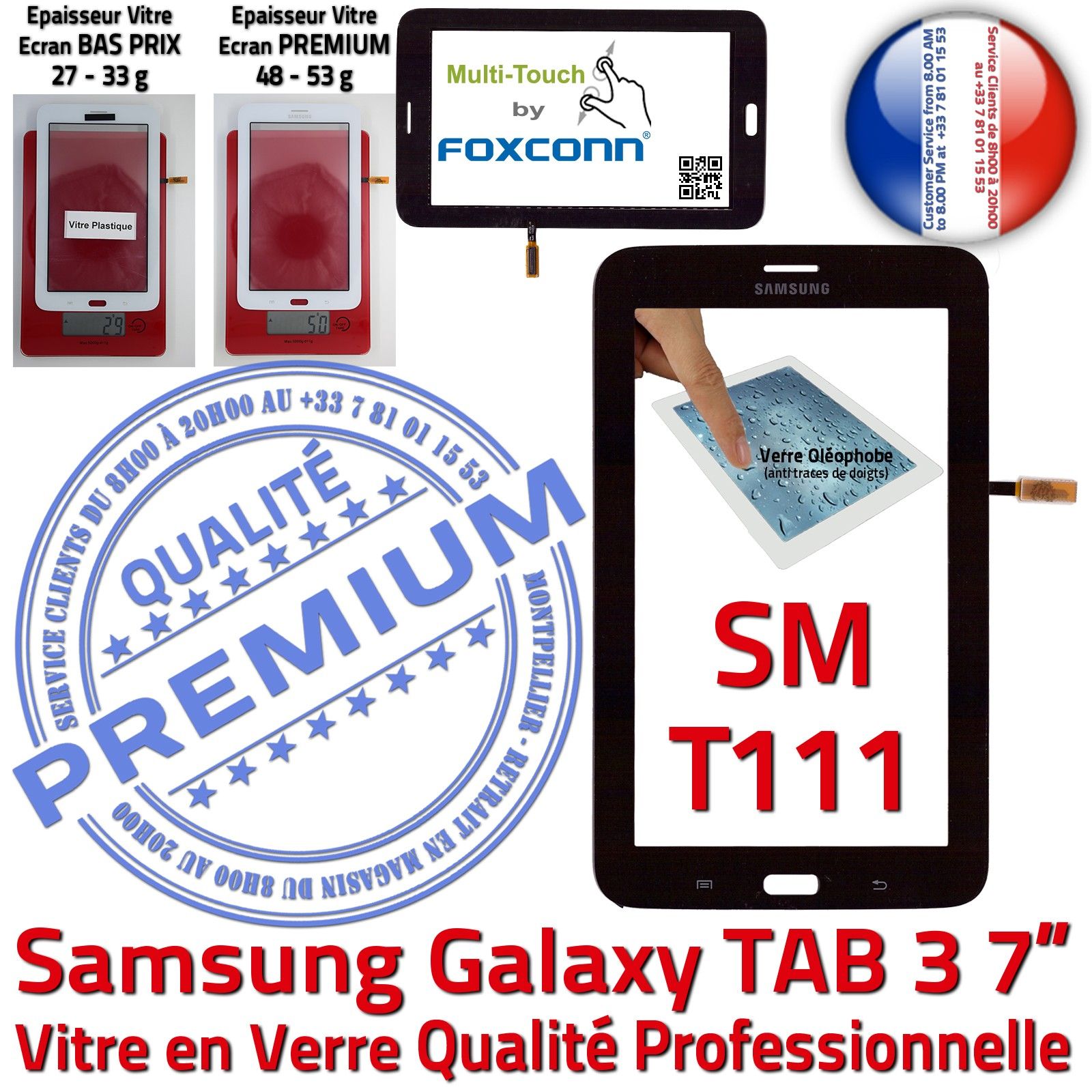 Samsung Galaxy TAB3 SM-T111 LITE Vitre Tactile Noire en Verre Qualité Supérieure PREMIUM Assemblée Adhésif LCD Ecran 7 Prémonté