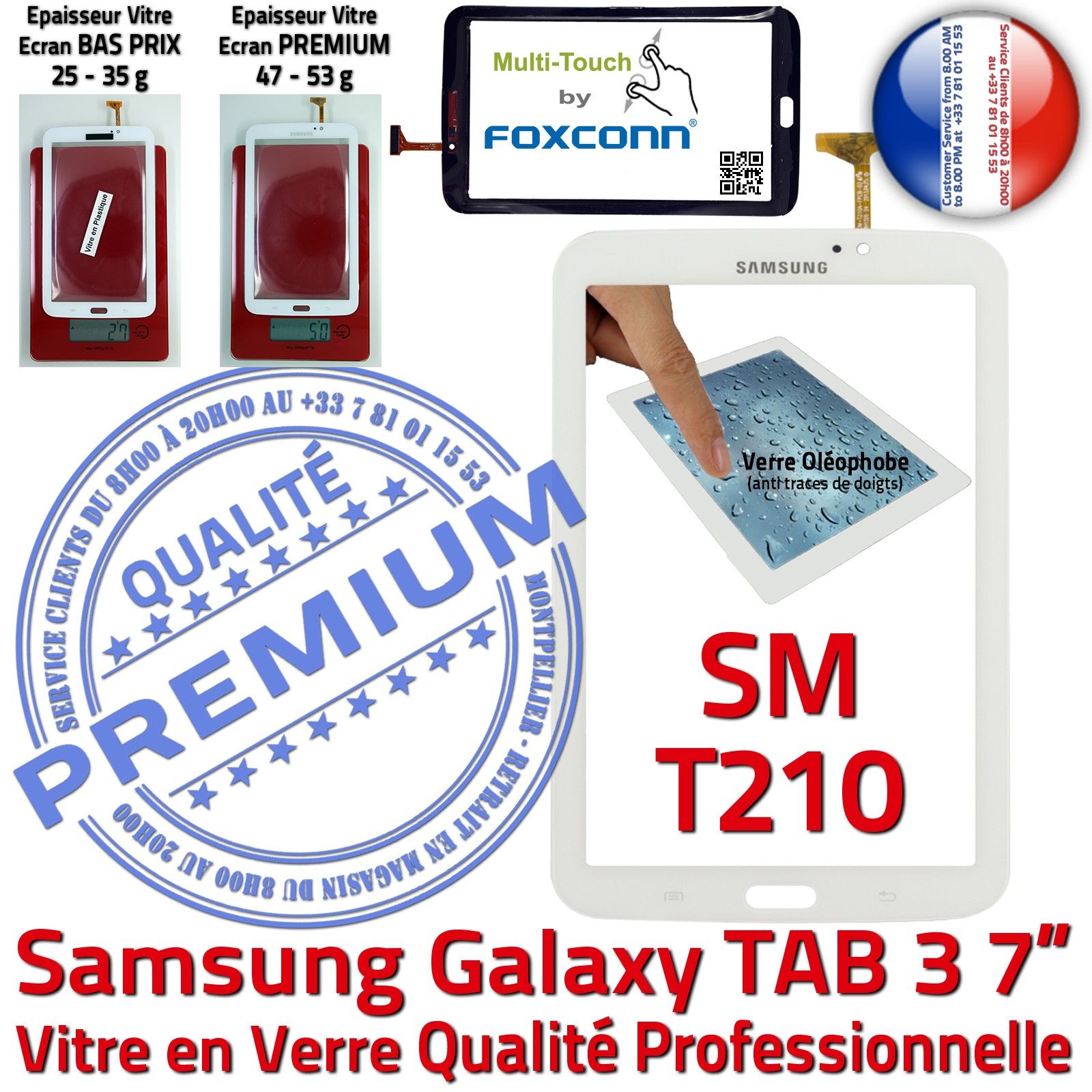 Samsung Galaxy TAB3 SM-T210 Vitre Tactile Blanche en Verre Qualité Supérieure PREMIUM Assemblée Adhésif LCD Ecran 7 Prémonté