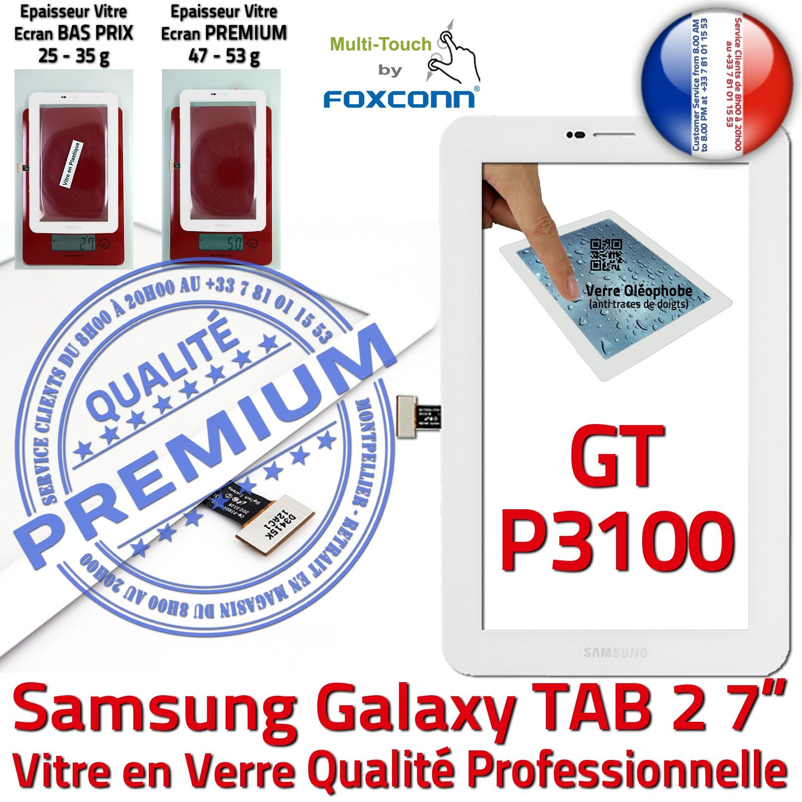 Samsung GT P3100 Galaxy TAB2 7 Vitre Tactile Blanche en Verre Qualité Supérieure PREMIUM Assemblée Adhésif LCD Ecran Prémonté