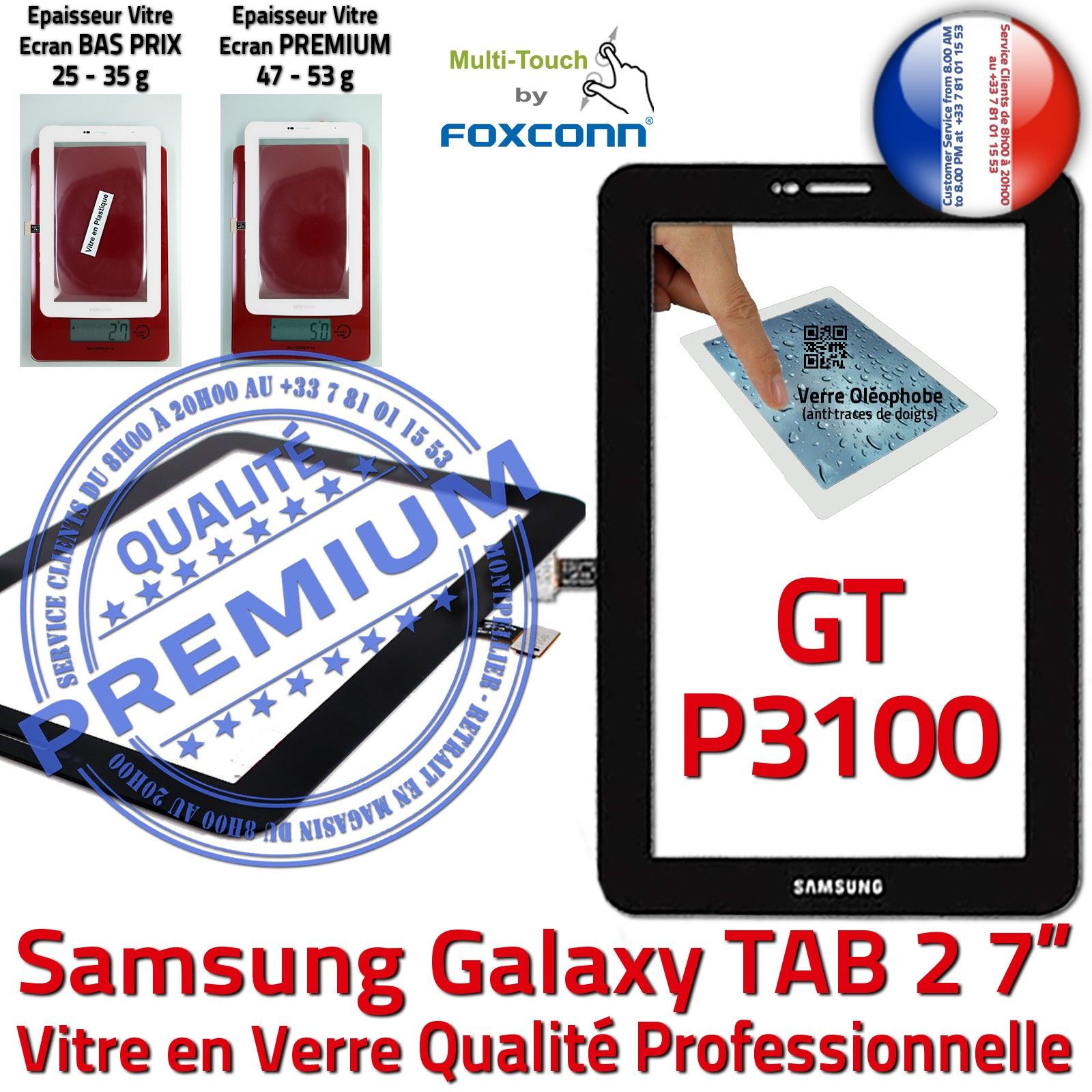 Samsung Galaxy TAB2 GT-P3100 Vitre Tactile Noire en Verre Qualité Supérieure PREMIUM Assemblée Adhésif LCD Ecran 7 inch Prémonté