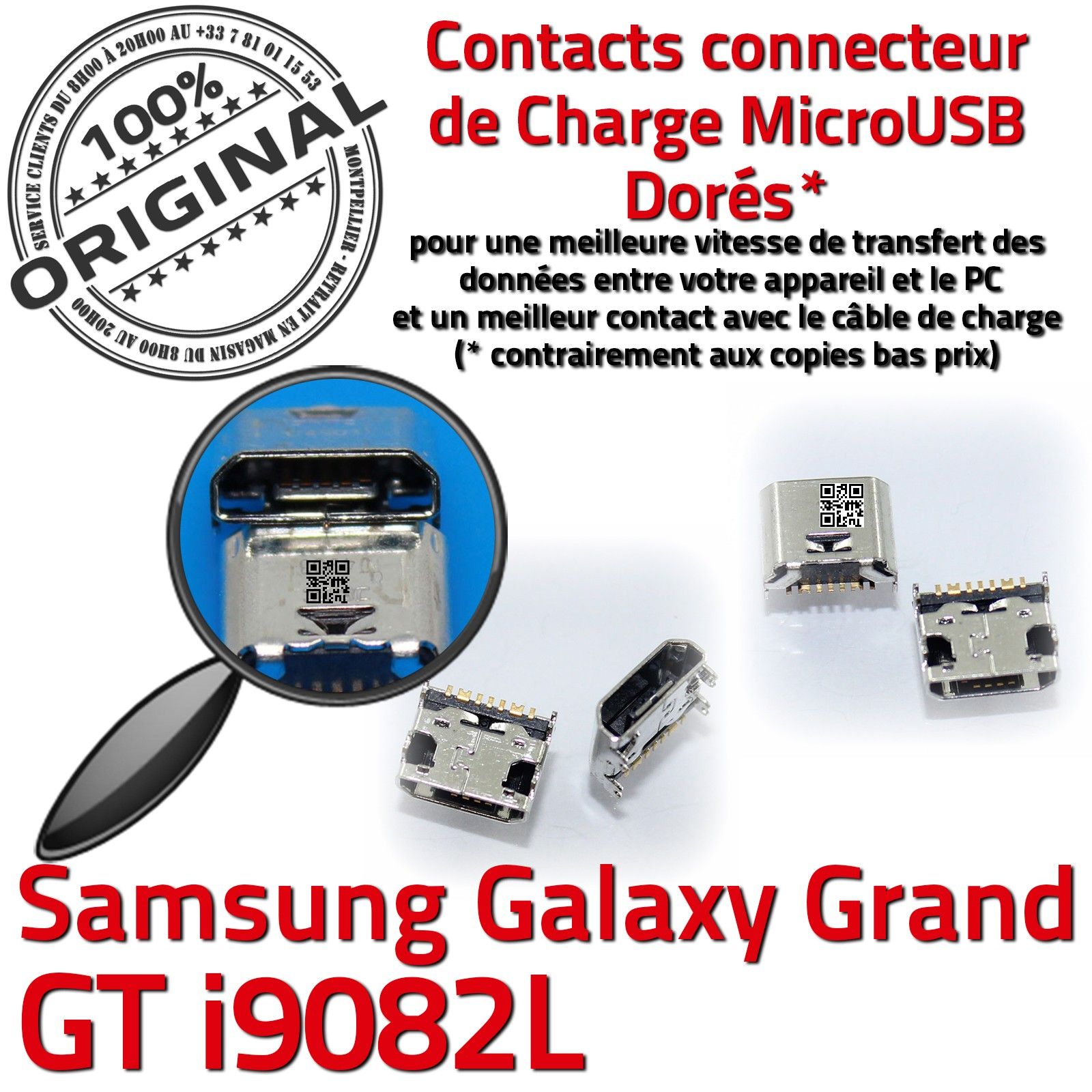 Samsung Galaxy Grand GT-i9082L Prise de charge MicroUSB Qualité ORIGINAL à souder Pins Dorés Dock Fiche Connector Chargeur SLOT