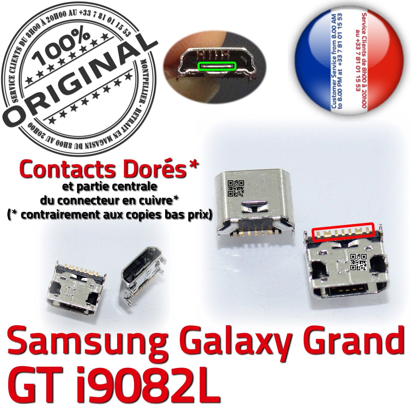 Samsung Galaxy Grand GT-i9082L Prise de charge MicroUSB Qualité ORIGINAL à souder Pins Dorés Dock Fiche Connector Chargeur SLOT
