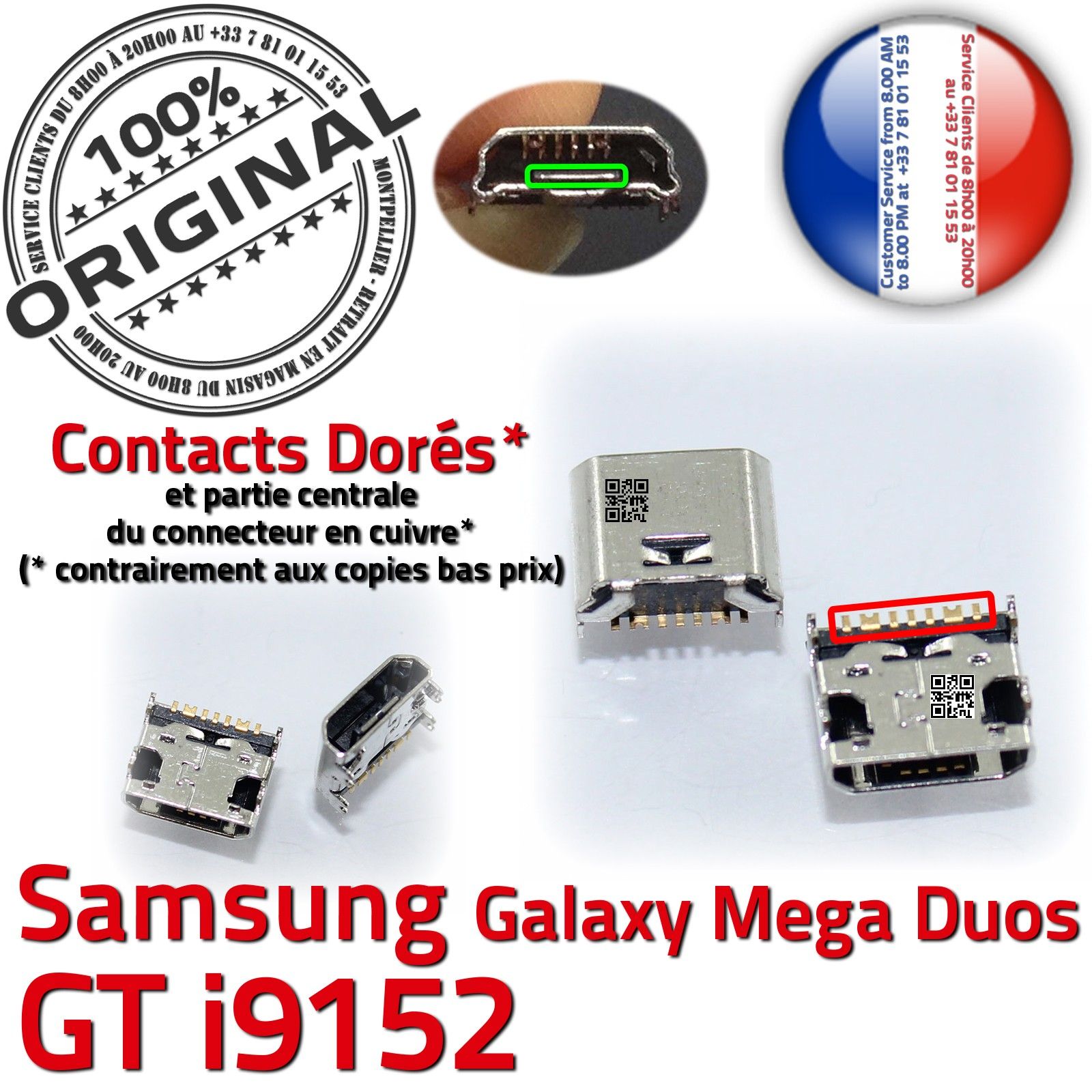 ORIGINAL Samsung Galaxy Mega Duos GT i9152 Connecteur de charge à souder Micro USB Pins Dorés Prise Connector Chargeur Qualité