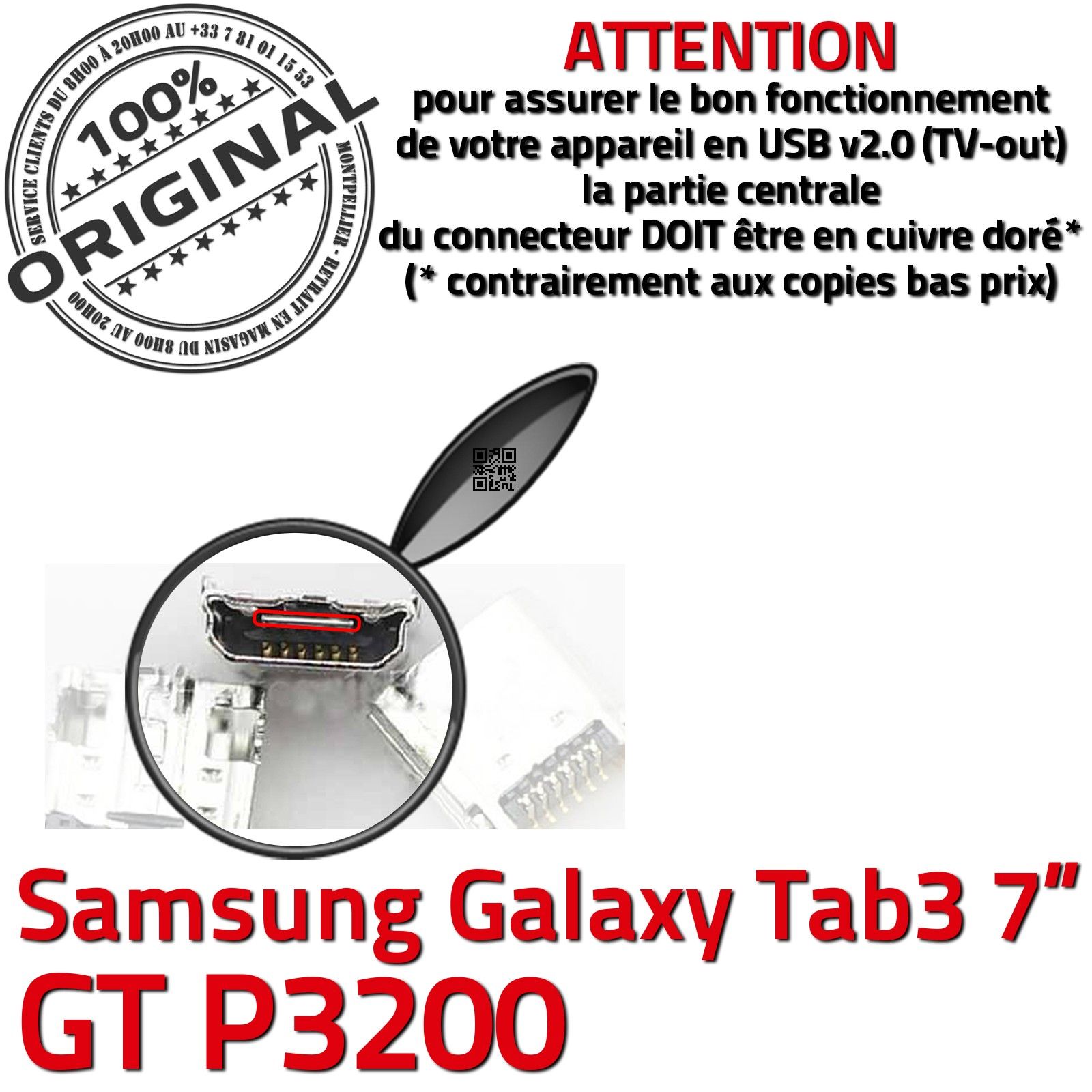Remplacement PORT Micro USB PC Samsung Galaxy Tab 3 P3200 GT-P3200 LITE GT-T2100 Changer Jack Connexion Câble Contacts Démontage Soudures Carte Mère Prise Chargeur Connecteur de Charge ORIGINAL à souder micro-soudures Tablette Réparation Changement Pins D