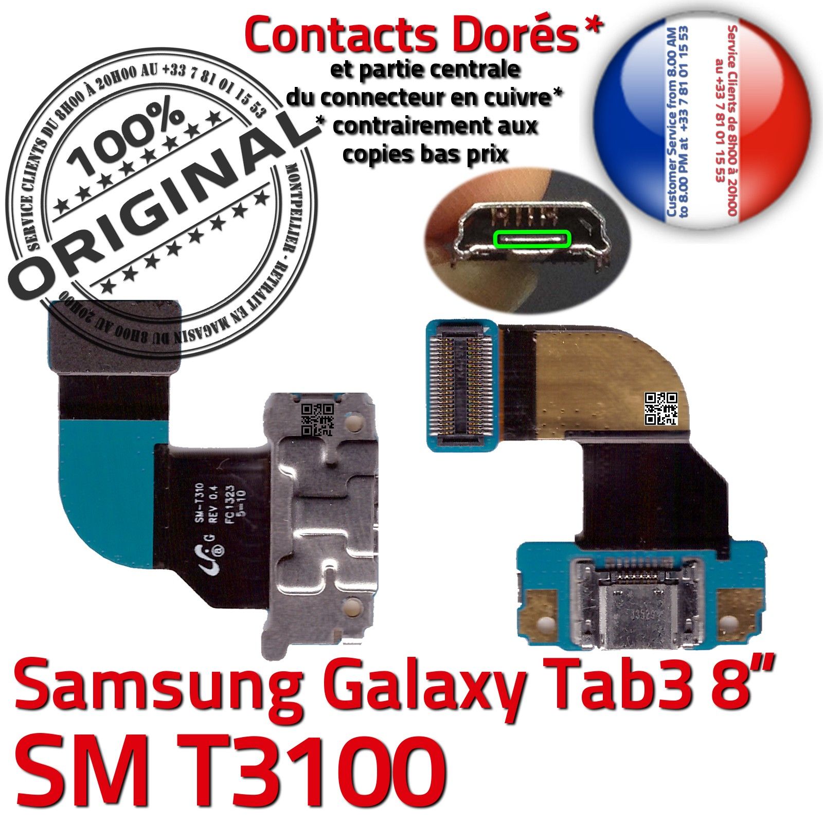 ORIGINAL Samsung Galaxy TAB 3 SM T3100 Connecteur de Charge Chargeur MicroUSB Nappe OFFICIELLE Qualité Contacts Dorés Réparation