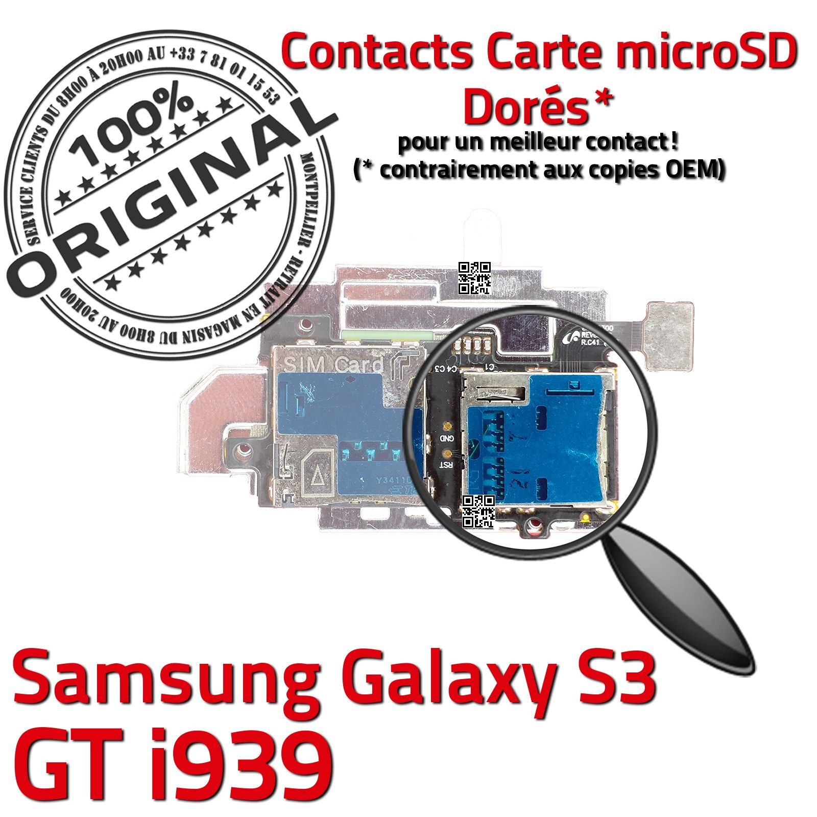 ORIGINAL Samsung Galaxy S3 GT i939 Lecteur Carte Memoire SIM Micro-SD Connecteur Contacts Dorés Reader Connector Nappe Qualité