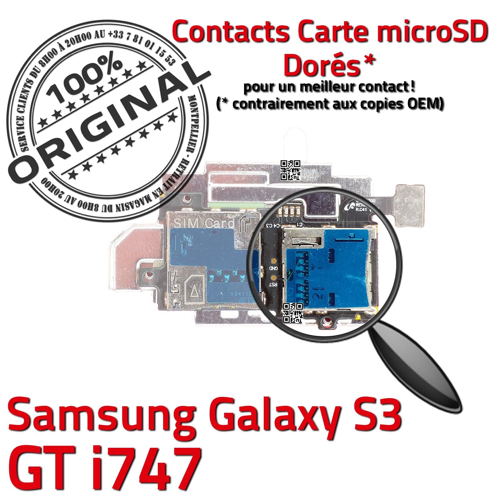 ORIGINAL Samsung Galaxy S3 GT i747 Lecteur Carte Memoire SIM Micro-SD Connecteur Contacts Dorés Reader Connector Nappe Qualité
