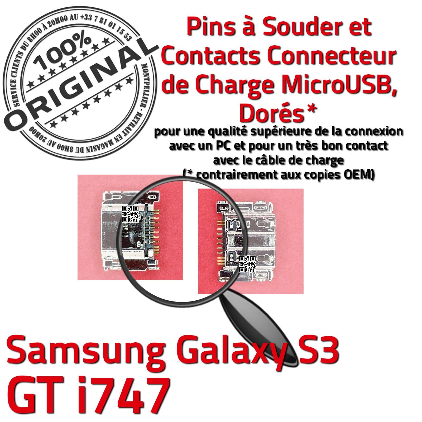 microsoudures Smartphone Changer Jack Connexion Câble Contacts Démontage Samsung Galaxy S3 GT i747 Connecteur de Charge ORIGINAL à souder Téléphone Portable Réparation Changement Pins Dorés Soudures Carte Mère Prise Chargeur Remplacement PORT Micro USB PC