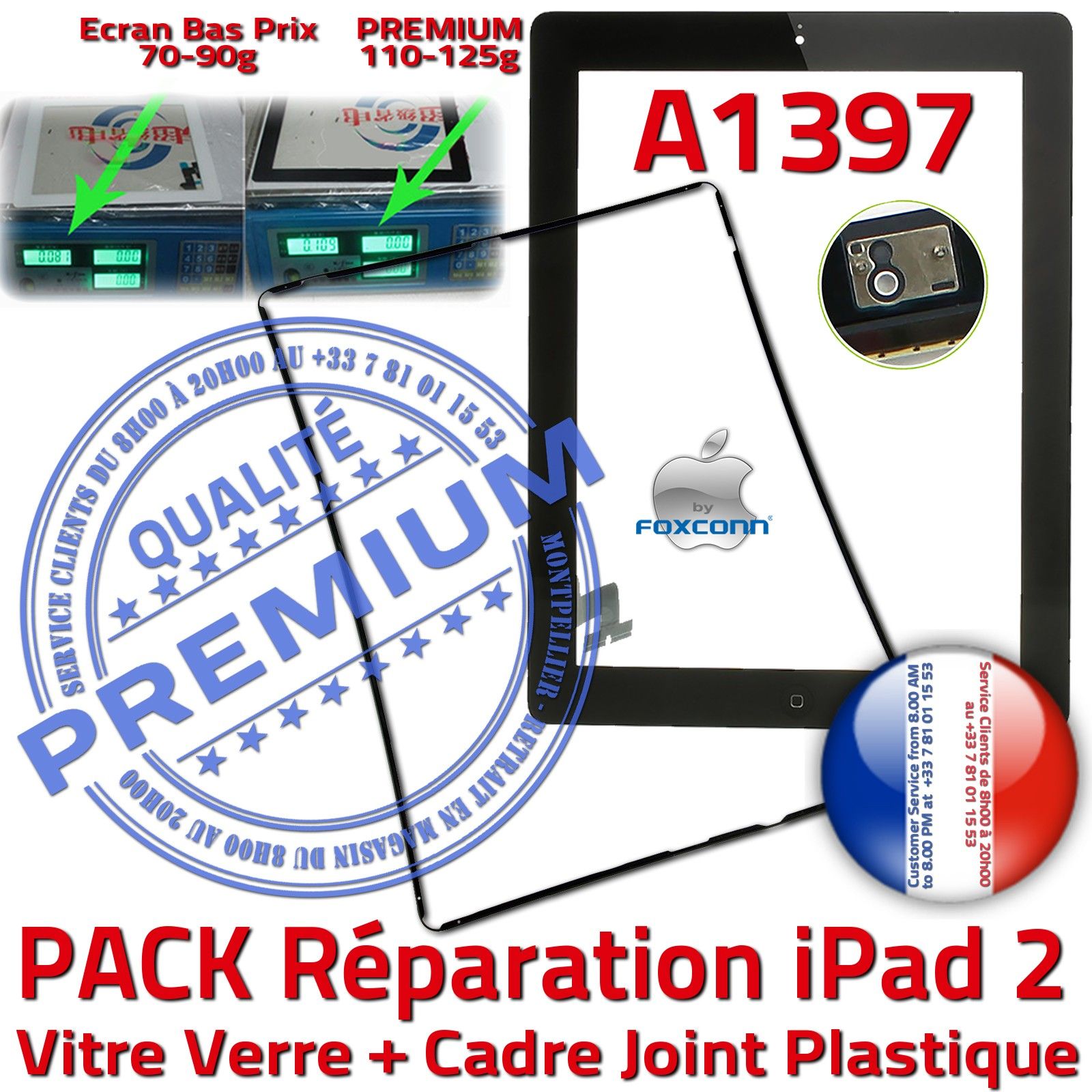 KIT Réparation Tablette Apple iPad2 A1397 Vitre Tactile Noire Verre PREMIUM Adhésif Precollé Bouton HOME Joint Cadre Chassis