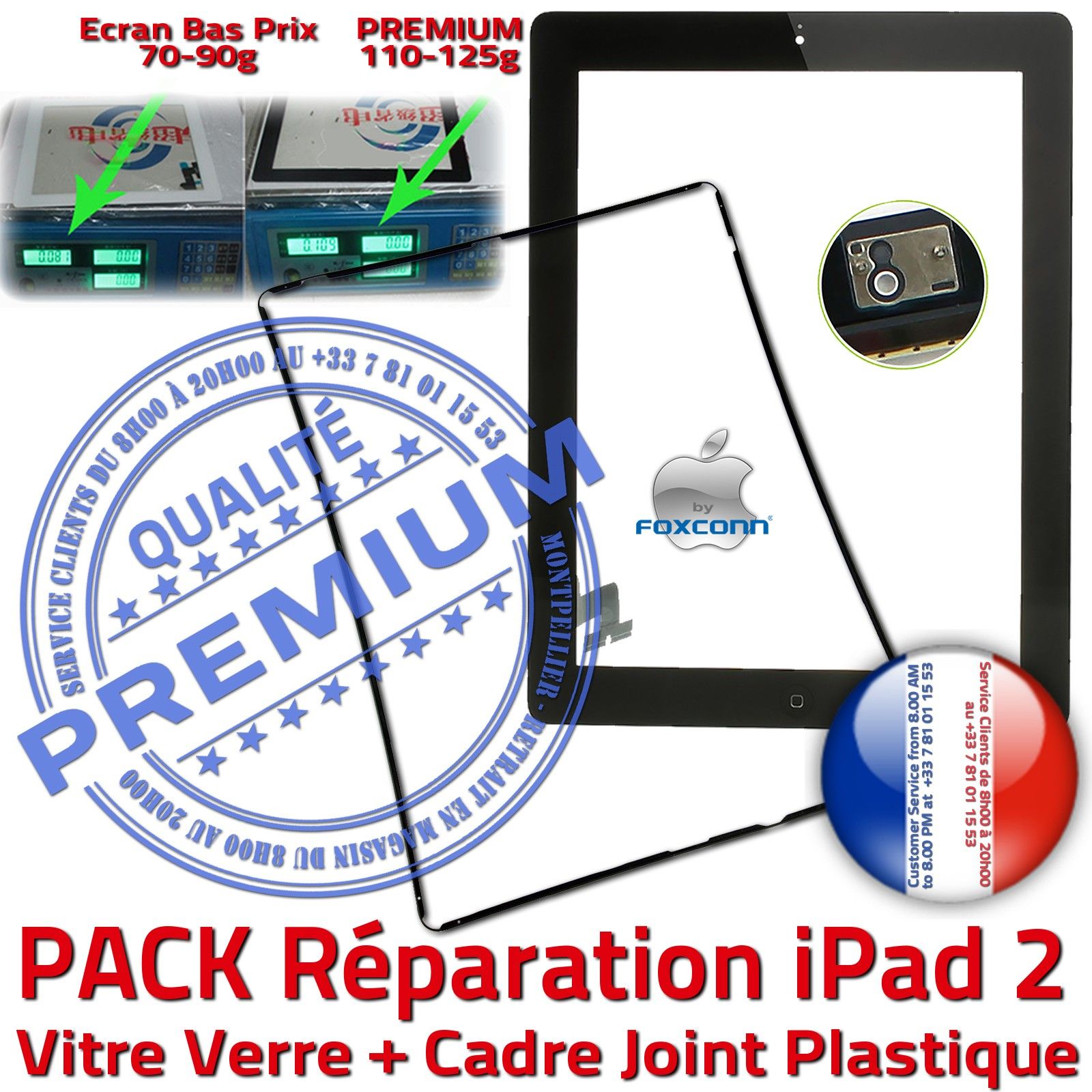 KIT Réparation Tablette Apple iPad 2 Vitre Tactile Noire Adhésif Precollé Bouton HOME Joint Cadre Contour Chassis Verre PREMIUM