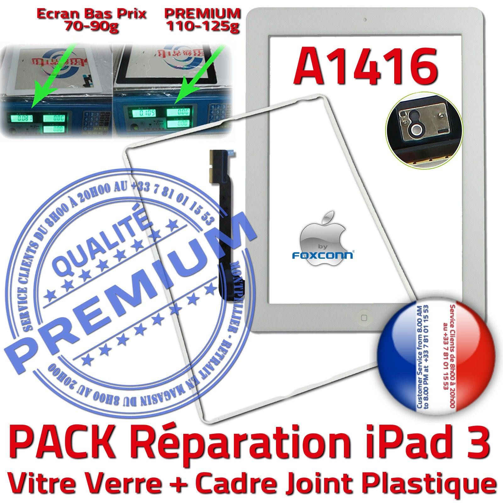 PACK Réparation Tablette Apple iPad3 A1416 Vitre Tactile Blanche Verre PREMIUM Adhésif Precollée Bouton HOME Joint Cadre Contour