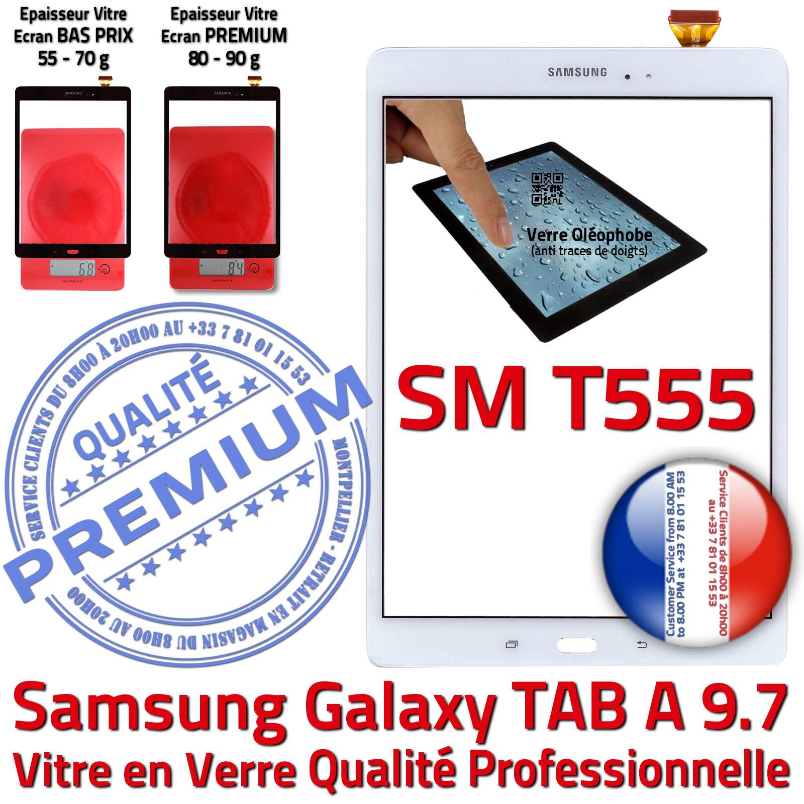 Ecran Blanc Samsung SM T555 Galaxy TAB-A 9.7 Verre Qualité Supérieure PREMIUM Vitre Tactile Blanche Assemblée Adhésif Prémonté