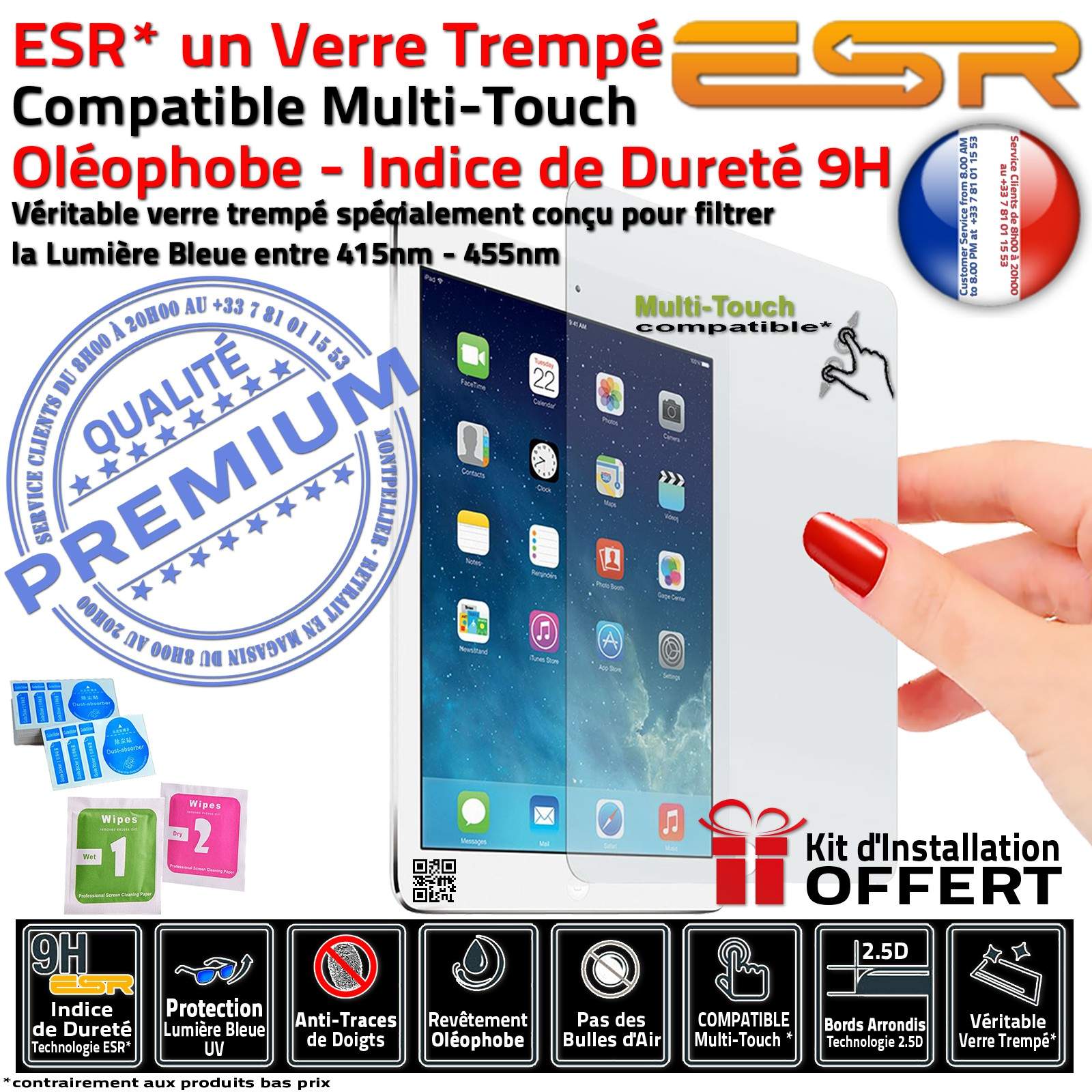 iPad AIR A1822 Verre Trempé ESR Protection Vitre Ecran Apple Oléophobe Anti-Rayures Chocs Filtre Lumière Bleue UV Multi-Touch H