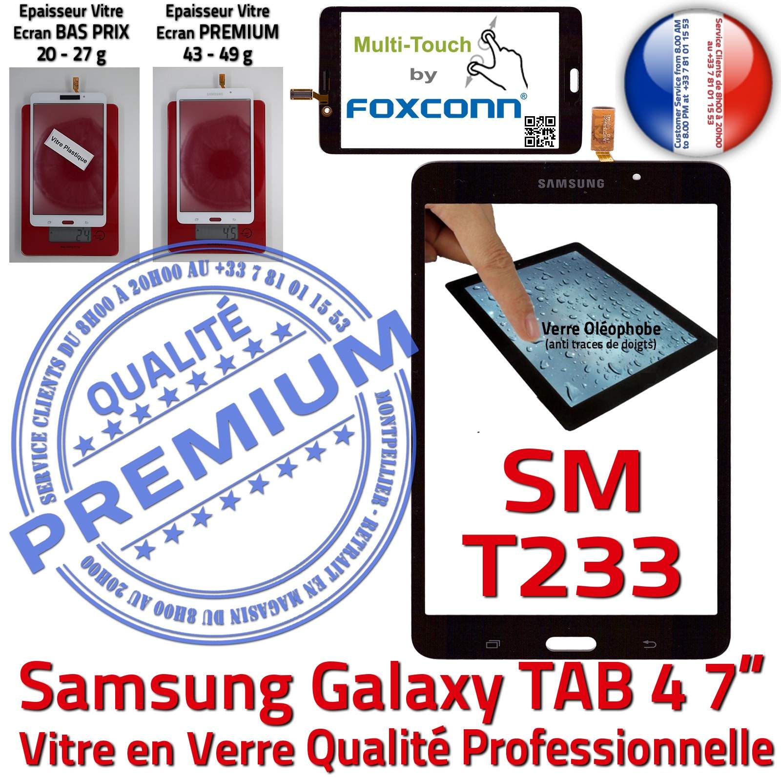 Samsung Galaxy TAB4 SM-T233 Vitre Tactile Noire Verre Qualité Supérieure PREMIUM Assemblée Adhésif LCD 7 inch Ecran Prémonté