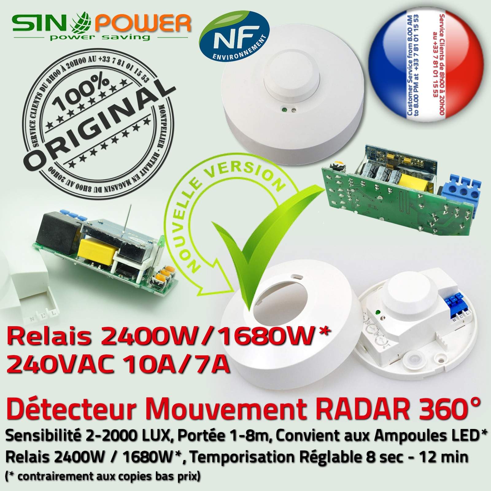 Interrupteur Détecteur de Mouvements Relais Automatique Radar Électrique  Hyper Fréquence HF 360° Ampoule LED Capteur Micro-Ondes
